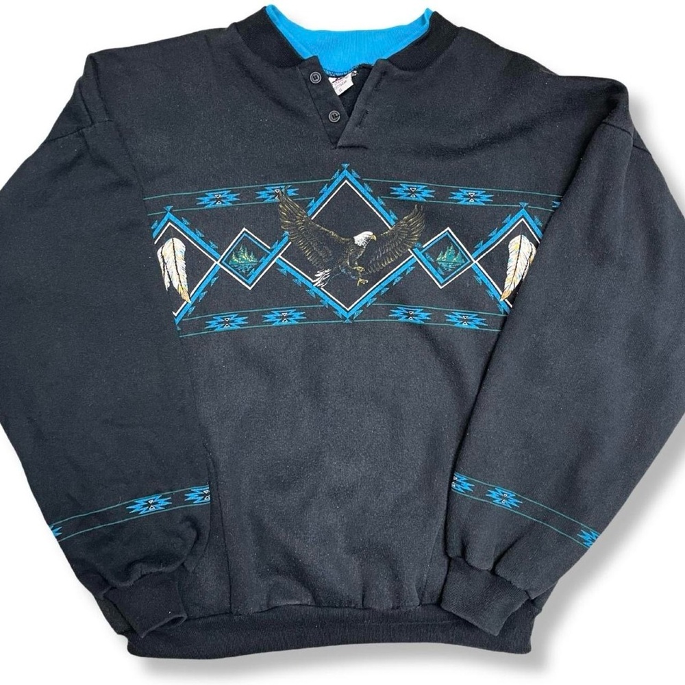 Men's Black and Blue Graphic Crewneck Sweater